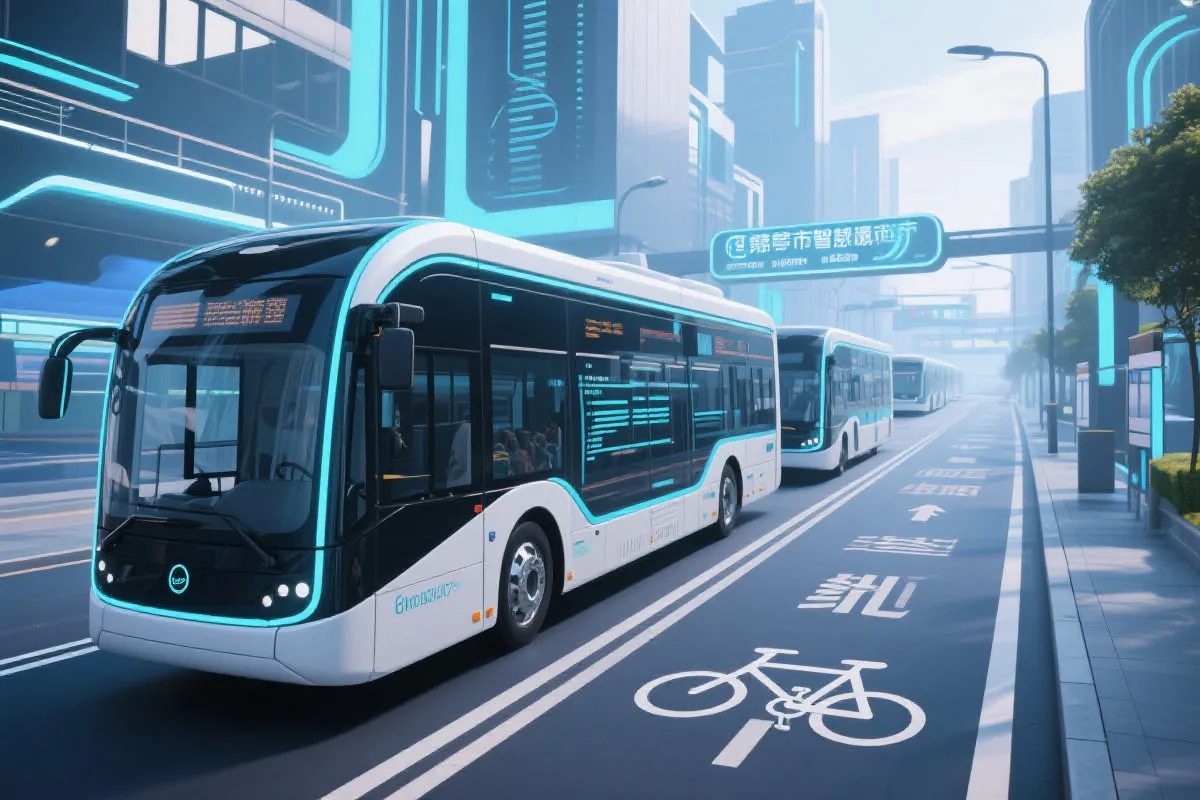 智慧城市交通系统示意，电动公交与自行车道