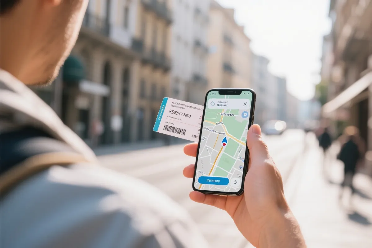 华人游客在城市街区用手机导航与查看比赛门票的场景