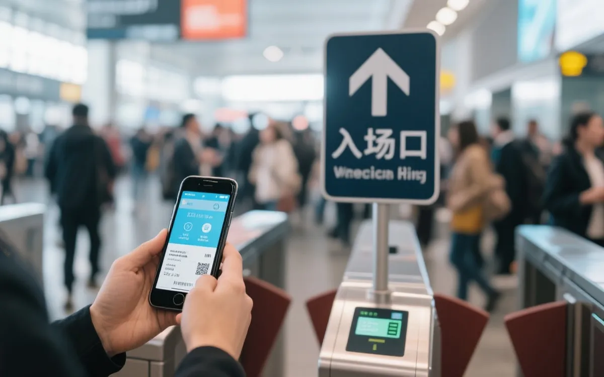 手机电子票与入场闸机的近景，旁边有指示牌与排队人流
